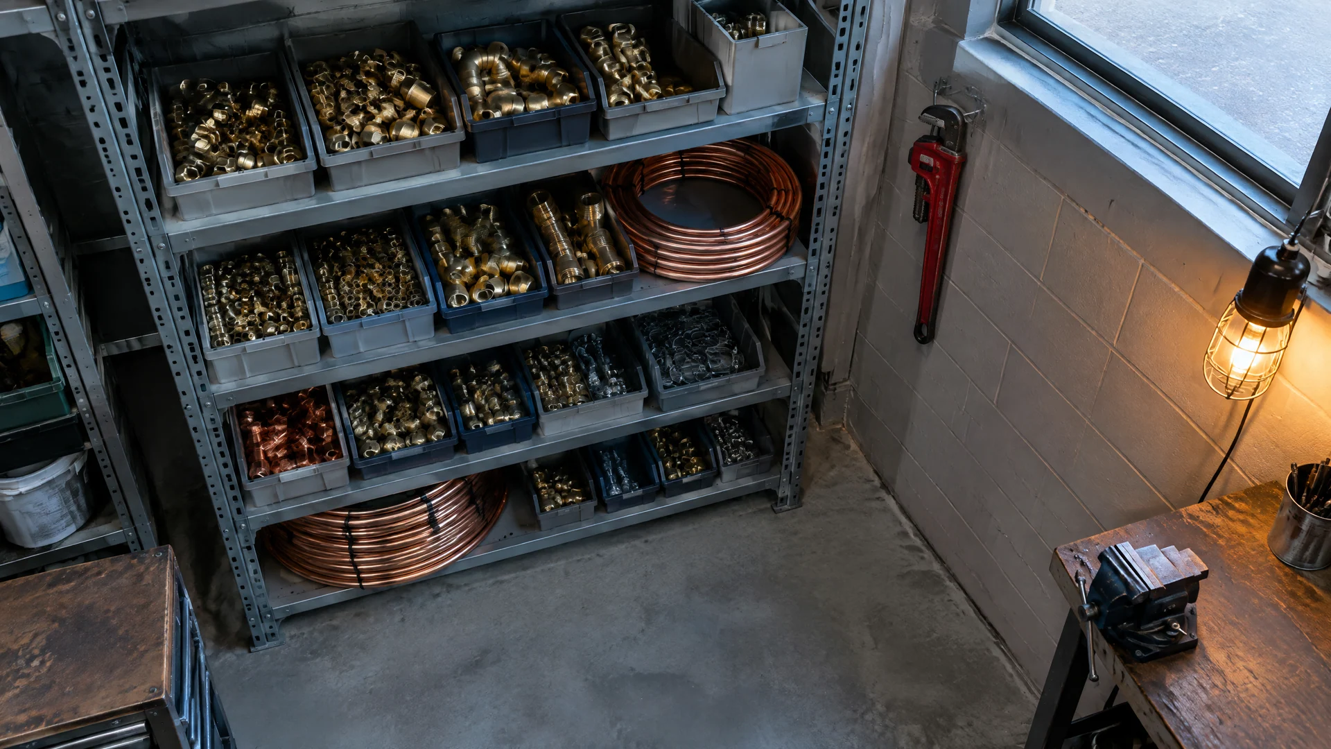Shelving with bins of gold-tone fittings, coiled copper-colored tube and a red pipe wrench on the wall