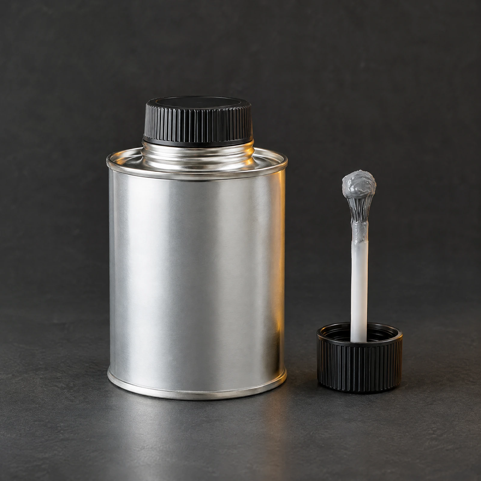 Plain unlabeled silver-tone can of pipe thread sealant with a black cap and a dauber coated in gray paste on a dark slate surface